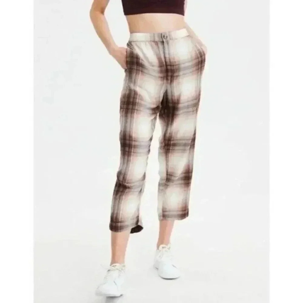 American Eagle AEO Brown Plaid Pull On Straight Leg Pant S